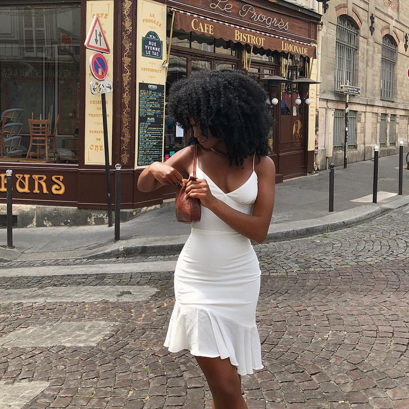 2023 нова рокля с презрамки с V-образно деколте, допаминова модна секси рокля с презрамки, асиметрична рокля