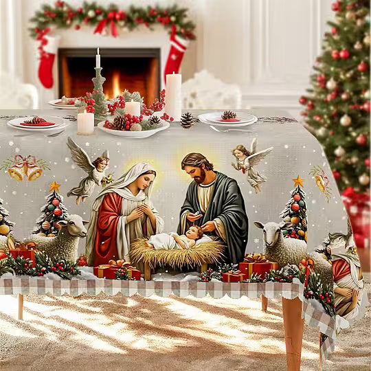 Tablecloth with Christmas - white and red, traditional European style, durable fabric for festive meals and decorations
