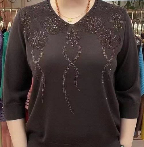 💖Damski sweter w stylu vintage z koralikami i dekoltem w serek