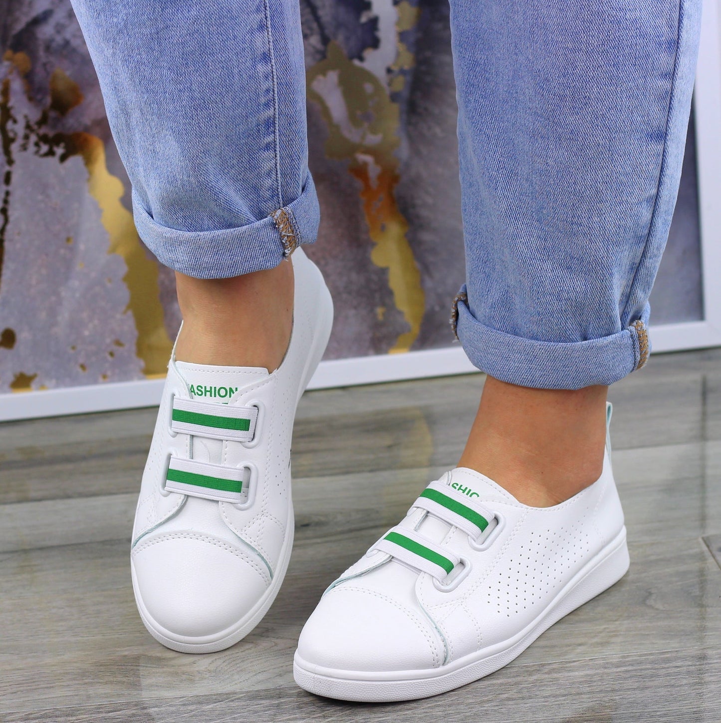 МОДНИ БЕЛИ АЖУРНИ КОЖЕНИ КЕДОВЕ МАРАТОНКИ ДАМСКИ ОБУВКИ БЕЗ ВРЪЗКИ FASHIONS green