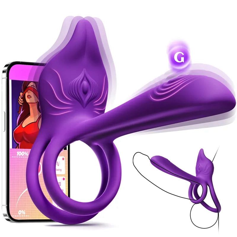 Vibrirajoč obroč za penis za pare - MOOLIGIRL Dvojni vibracijski obroč za penis z vibratorjem za klitoris v obliki lisice in vibratorjem za G-točko 11,5 cm