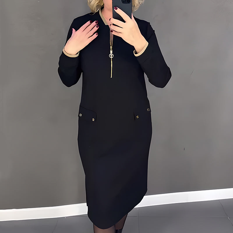 Ženska elegantna črna obleka z dolgimi rokavi in zadrgo