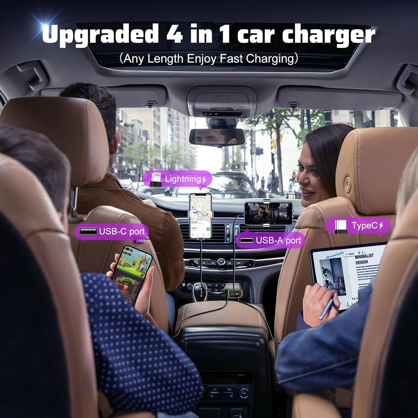 2025 New Model with Starlight Retractable 4-in-1 Car Fast Mobile Phone Charger