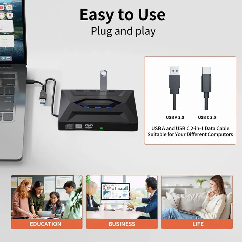 Odtwarzacz CD DVD do laptopa w stylu retro, USB C 3.0, przenośna nagrywarka CD