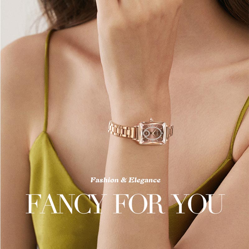 💎Моден квадратен дамски часовник от розово злато с диаманти