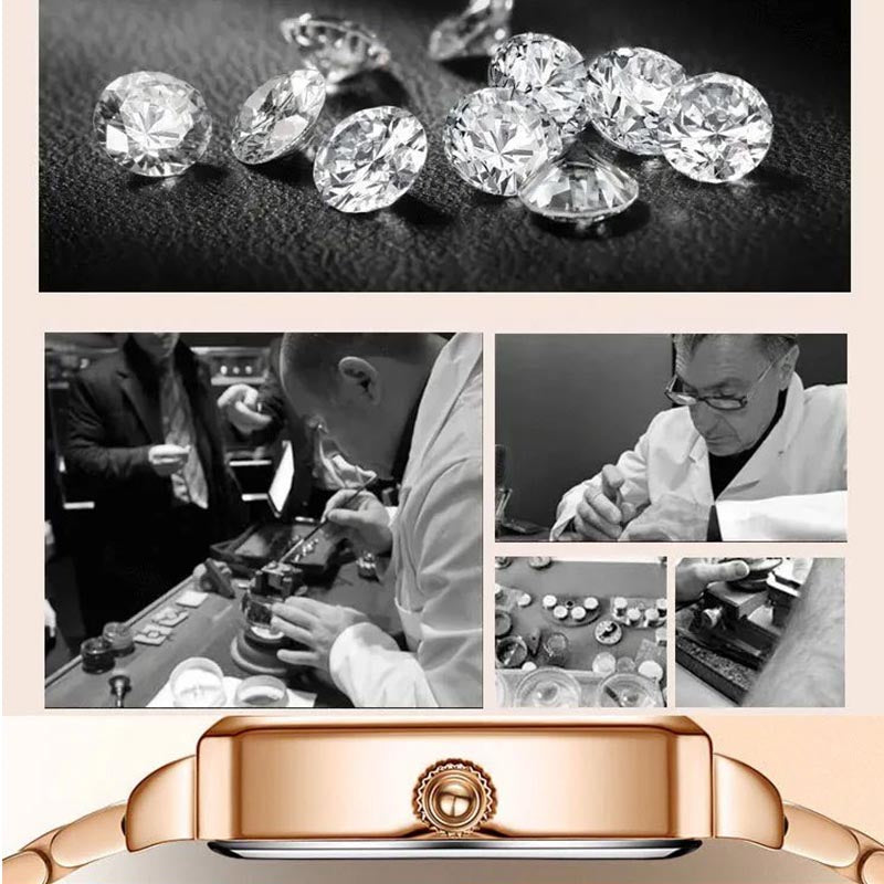 💎Моден квадратен дамски часовник от розово злато с диаманти