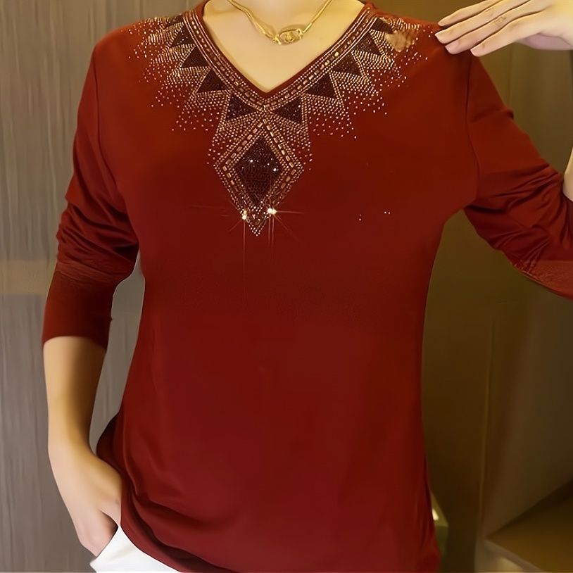 🔥[M-4XL] 2024 Visokokakovostna zimska majica iz žameta z dolgimi rokavi in kristali