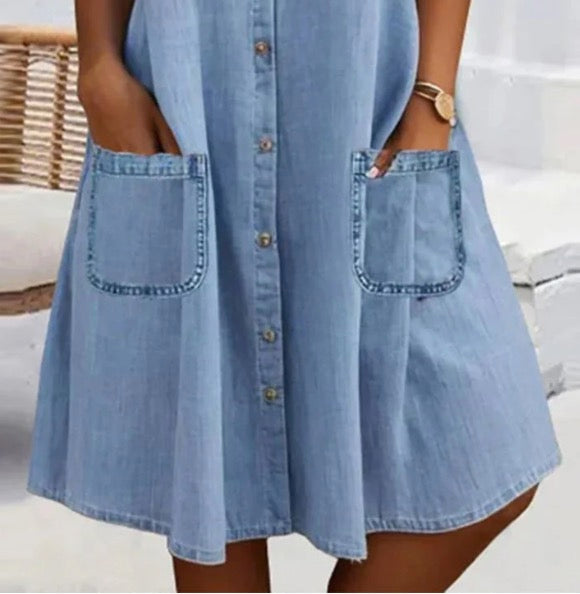 ⏳Niebieska prosta sukienka z kołnierzykiem i koronkowym wykończeniem w stylu jeansowym Mini