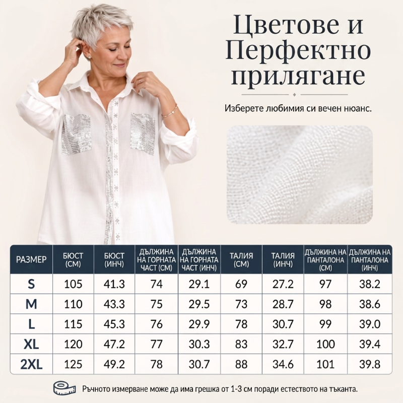 Komplet lśniącej koszuli i szerokich spodni dla kobiet