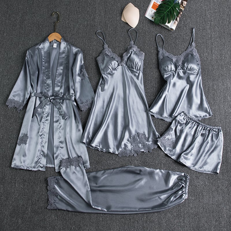 🔥🌹Oferta Walentynkowa💕Damska seksowna 5-częściowa sukienka nocna z lodowego jedwabiu