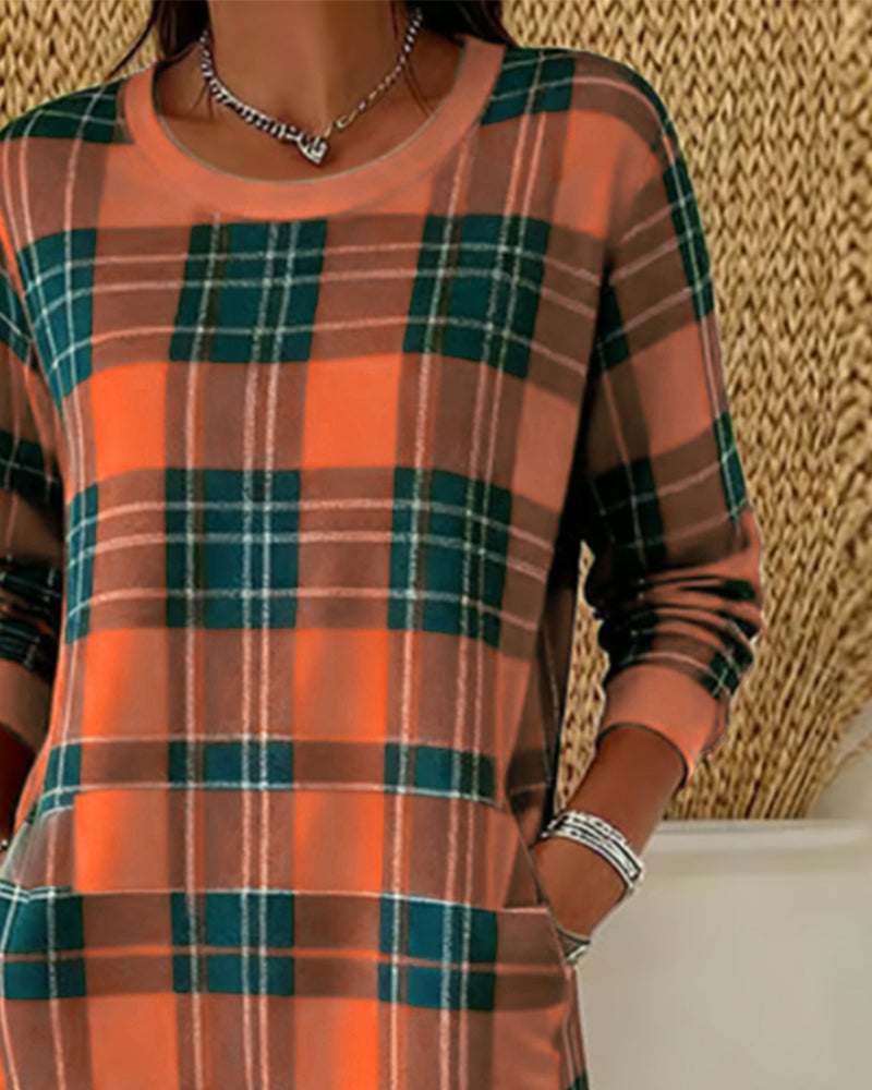 Obleka-bluza z dolgimi rokavi in karo vzorcem