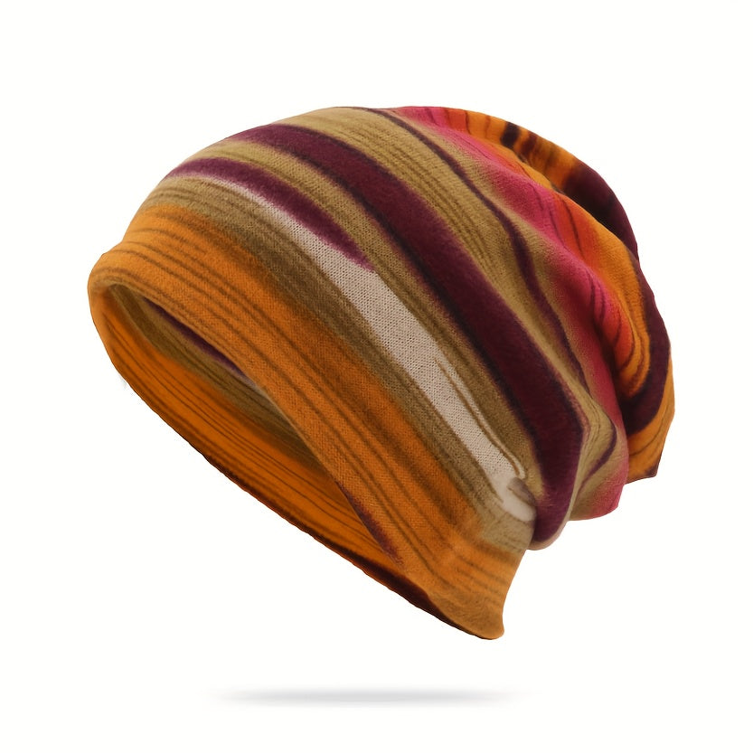 Pandaize Kolorowe Paski Retro Termiczna Luźna Czapka Beanie - Dzianina Vintage na Jesień i Zimę