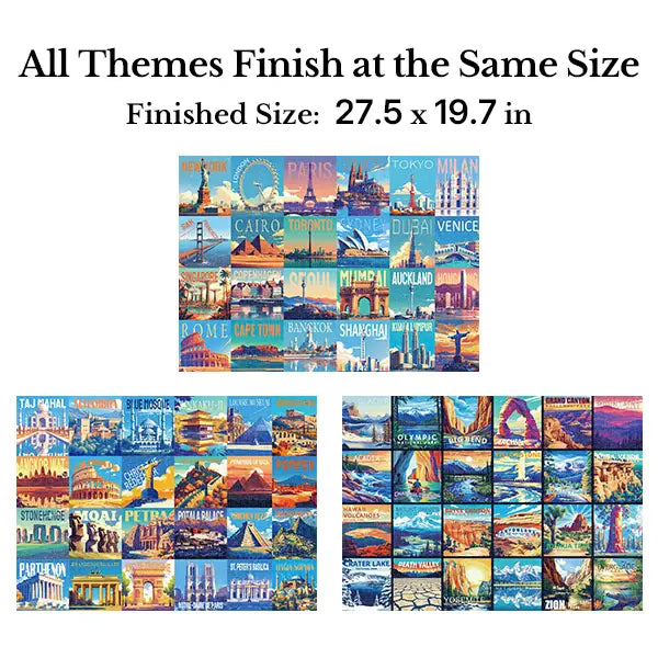 Rokt&razo Travel Series, 24 mini puzzle po 1000 elementów, 8 naklejek, 3 tematy: parki narodowe, światowe dziedzictwo, globalna wycieczka po mieście