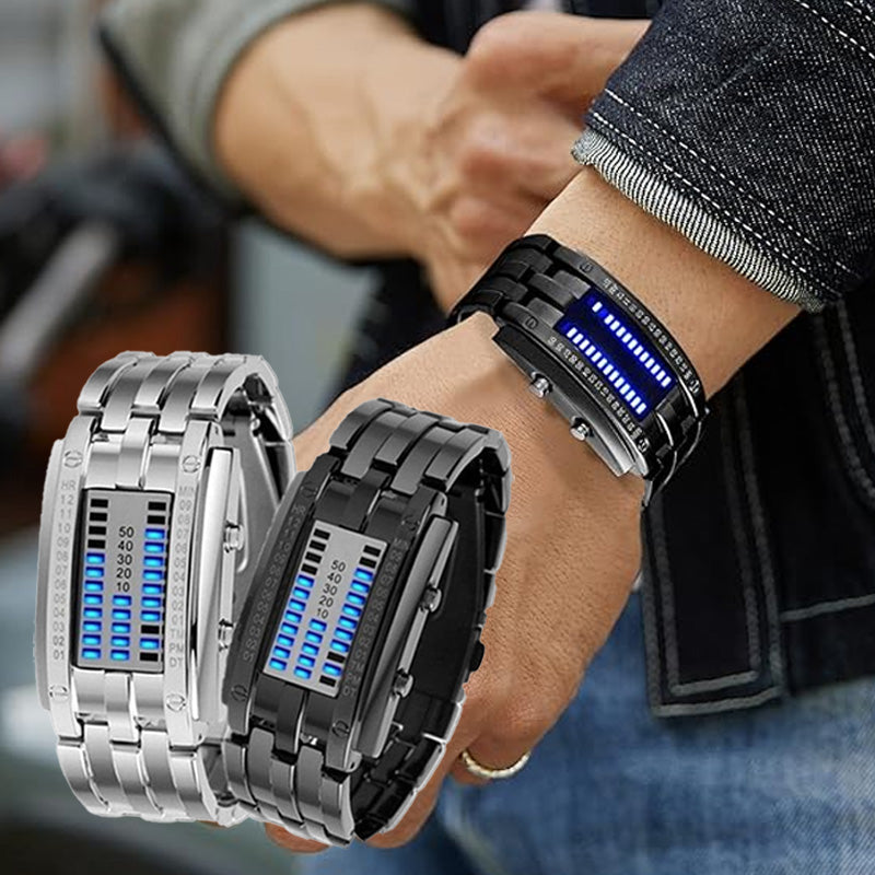 ⌚ СЕГА 50% ОТСТЪПКА! 🤓 Cyberpunk Binary LED часовник – „Само гийковете го разбират“ – футуристичен, уникален и привличащ вниманието със син LED дисплей 💙