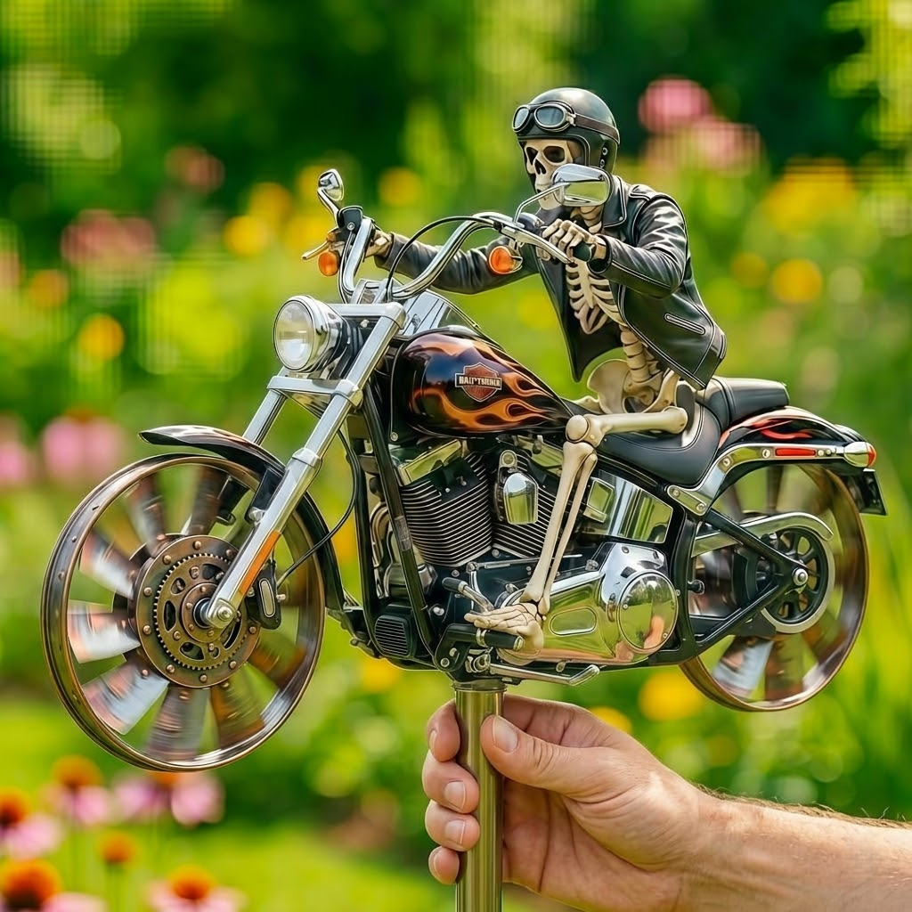 Kombinezon ze skóry szkieletu jadący motocyklem w wiatraku ogrodowym