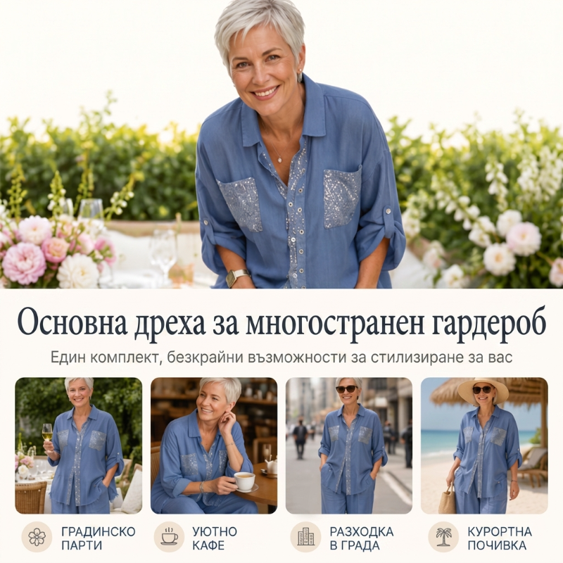 Komplet lśniącej koszuli i szerokich spodni dla kobiet