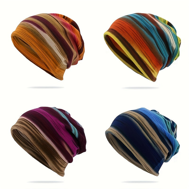 Pandaize Kolorowe Paski Retro Termiczna Luźna Czapka Beanie - Dzianina Vintage na Jesień i Zimę