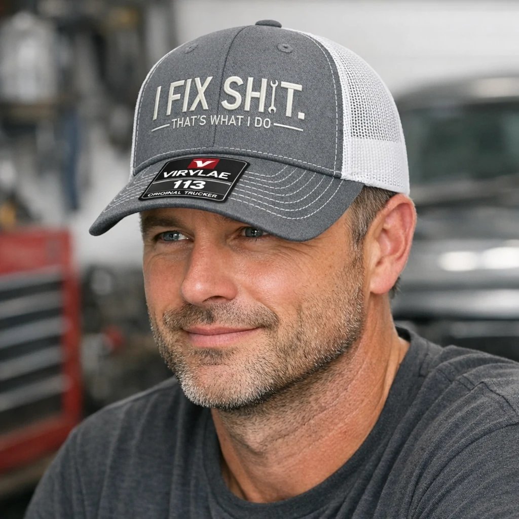 🛠️ Czapka truckerka „I Fix Shit” – zabawna czapka mechanika i naprawiacza