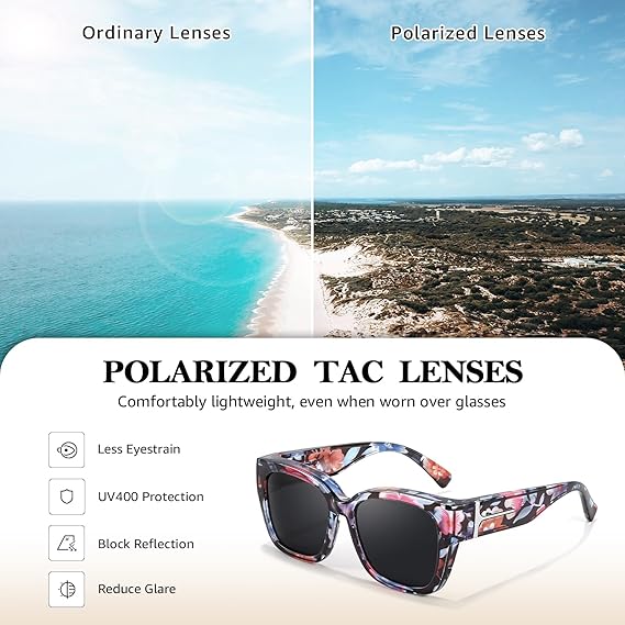 🕶️ Okulary przeciwsłoneczne z polaryzacją dla kobiet – oprawka w kwiaty z ochroną UV400, do noszenia na okularach korekcyjnych