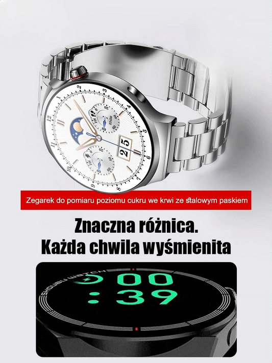 Zegarek do pomiaru poziomu cukru we krwi ze stalowym paskiem