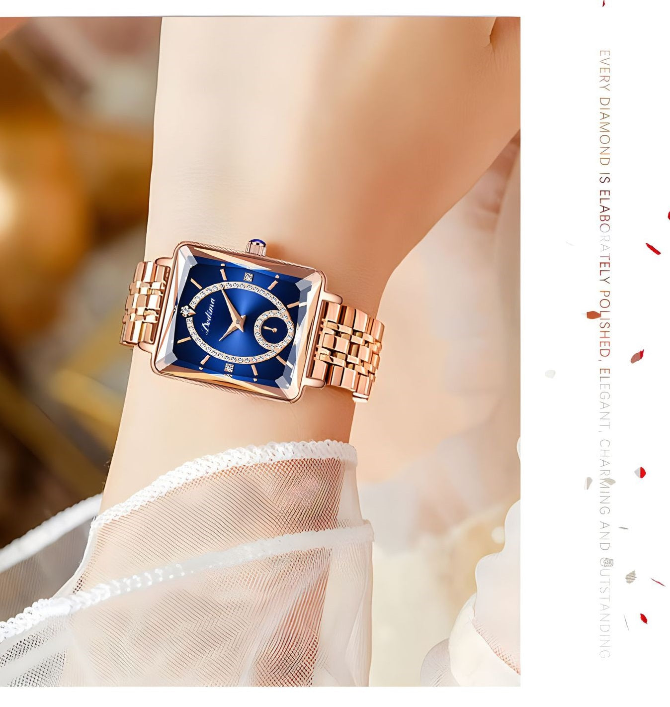 💎Моден квадратен дамски часовник от розово злато с диаманти