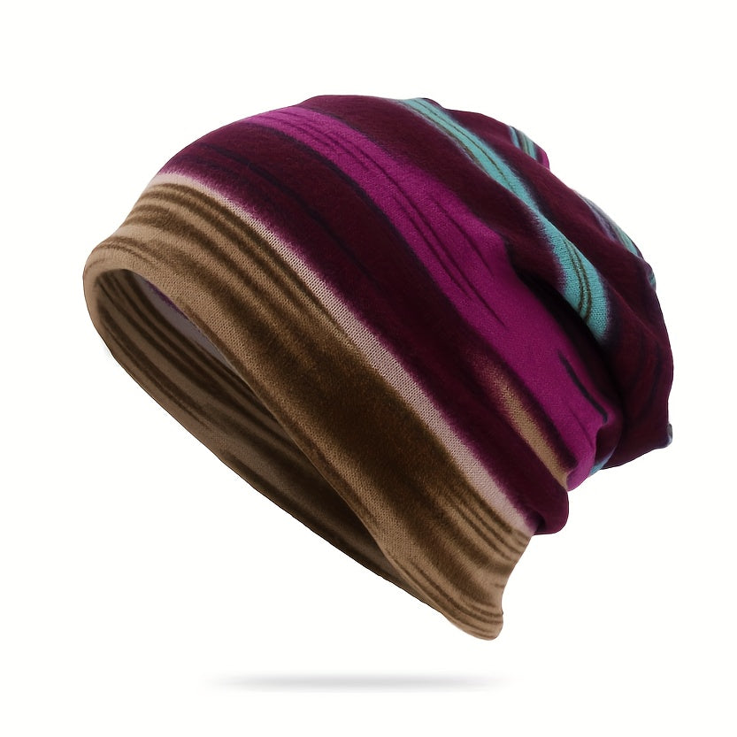 Pandaize Kolorowe Paski Retro Termiczna Luźna Czapka Beanie - Dzianina Vintage na Jesień i Zimę