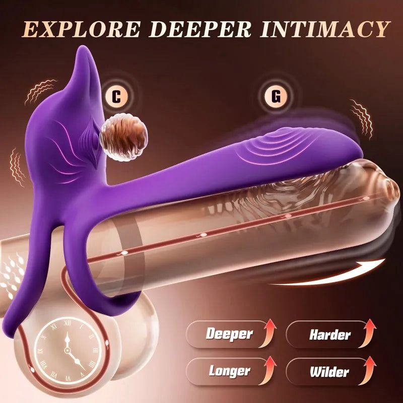 Vibrirajoč obroč za penis za pare - MOOLIGIRL Dvojni vibracijski obroč za penis z vibratorjem za klitoris v obliki lisice in vibratorjem za G-točko 11,5 cm