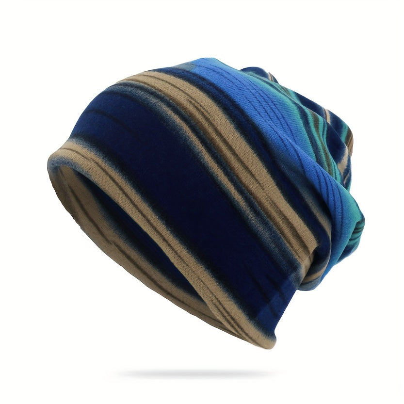 Pandaize Kolorowe Paski Retro Termiczna Luźna Czapka Beanie - Dzianina Vintage na Jesień i Zimę