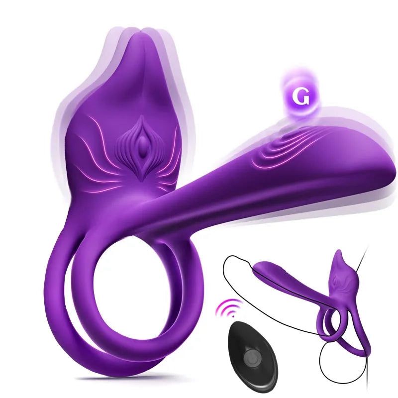 Vibrirajoč obroč za penis za pare - MOOLIGIRL Dvojni vibracijski obroč za penis z vibratorjem za klitoris v obliki lisice in vibratorjem za G-točko 11,5 cm