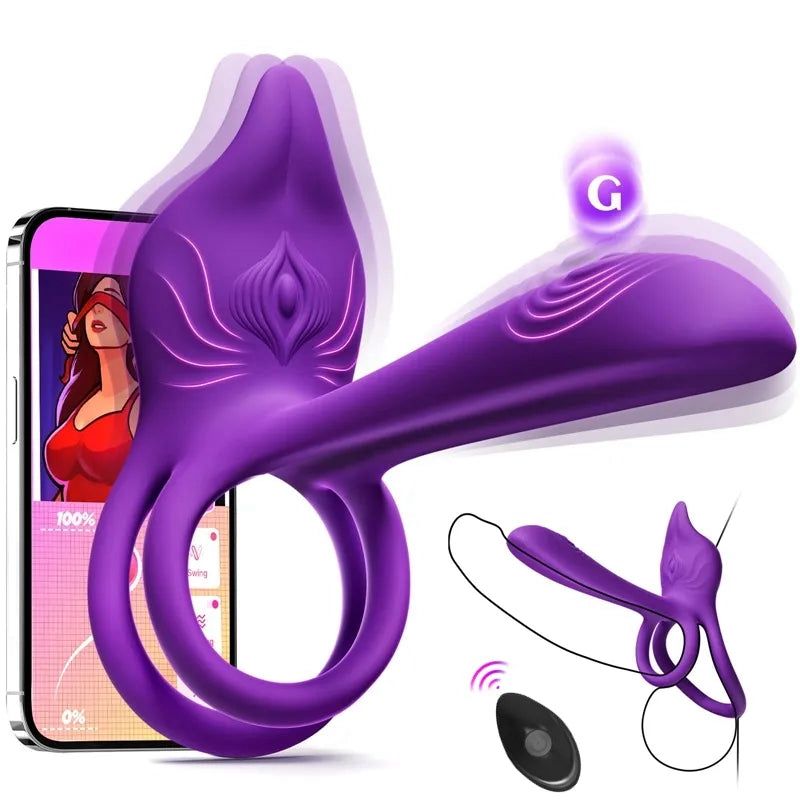 Vibrirajoč obroč za penis za pare - MOOLIGIRL Dvojni vibracijski obroč za penis z vibratorjem za klitoris v obliki lisice in vibratorjem za G-točko 11,5 cm