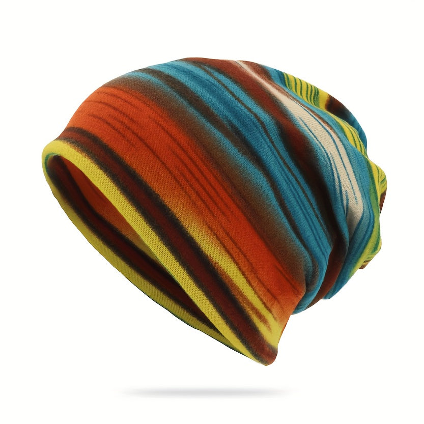 Pandaize Kolorowe Paski Retro Termiczna Luźna Czapka Beanie - Dzianina Vintage na Jesień i Zimę