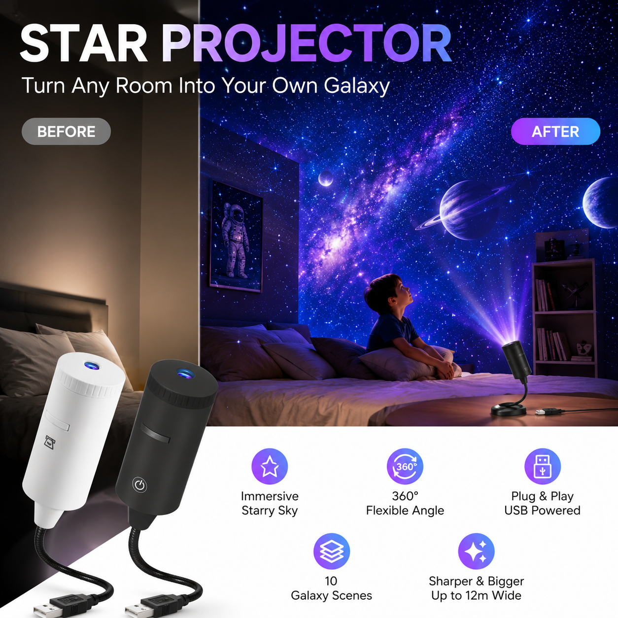 ✨ Zamień swój pokój w galaktykę – Projektor gwiazd HD plug‑and‑play z 10 kosmicznymi slajdami – Za pobraniem 🌌