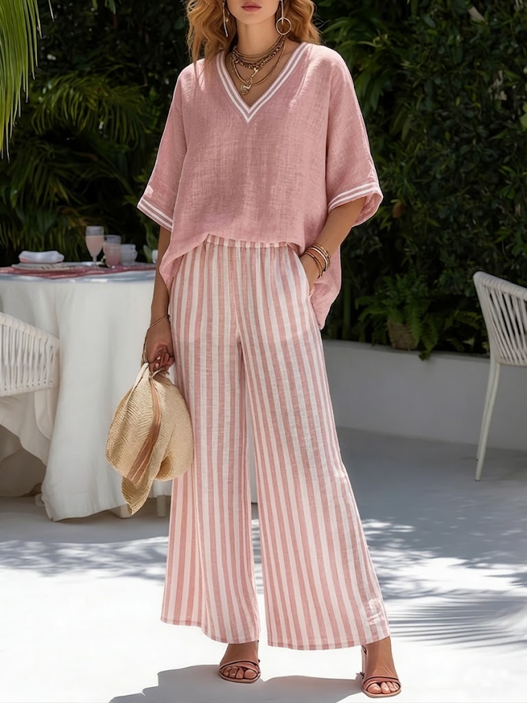 Casualowy dwuczęściowy zestaw: patchworkowy top z lnu i bawełny w paski oraz spodnie w paski