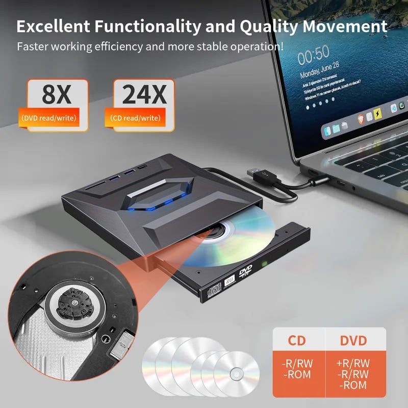 Odtwarzacz CD DVD do laptopa w stylu retro, USB C 3.0, przenośna nagrywarka CD