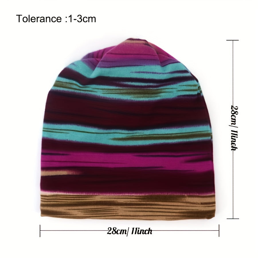 Pandaize Kolorowe Paski Retro Termiczna Luźna Czapka Beanie - Dzianina Vintage na Jesień i Zimę