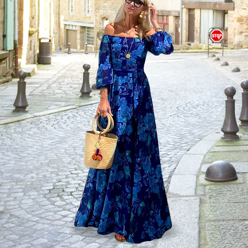👗Elegancka, bez ramiączek, długa sukienka z powiewającymi kwiatowymi wzorami