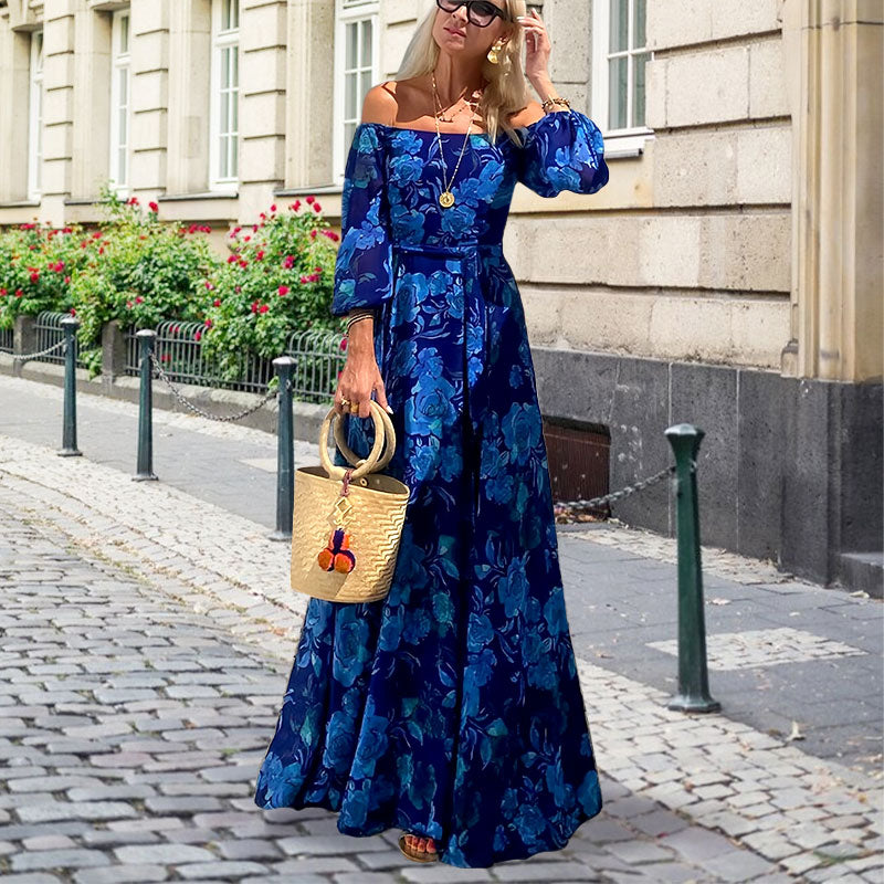 👗Elegancka, bez ramiączek, długa sukienka z powiewającymi kwiatowymi wzorami