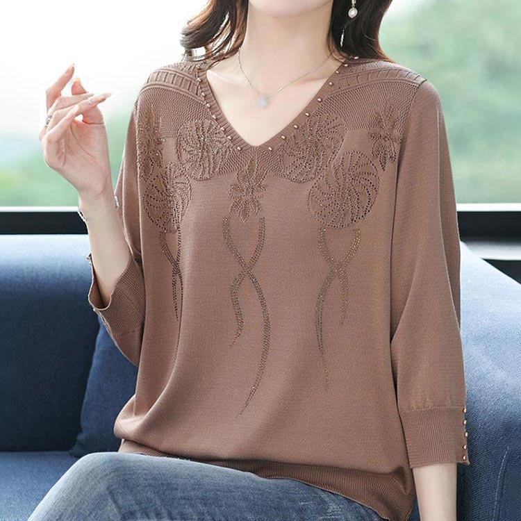 💖Damski sweter w stylu vintage z koralikami i dekoltem w serek