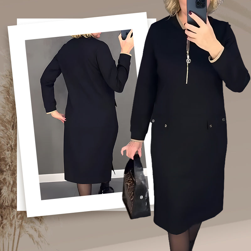 Ženska elegantna črna obleka z dolgimi rokavi in zadrgo