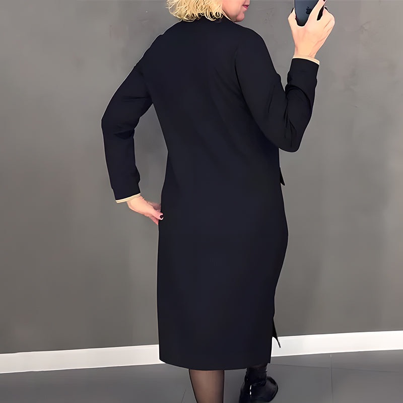 Ženska elegantna črna obleka z dolgimi rokavi in zadrgo