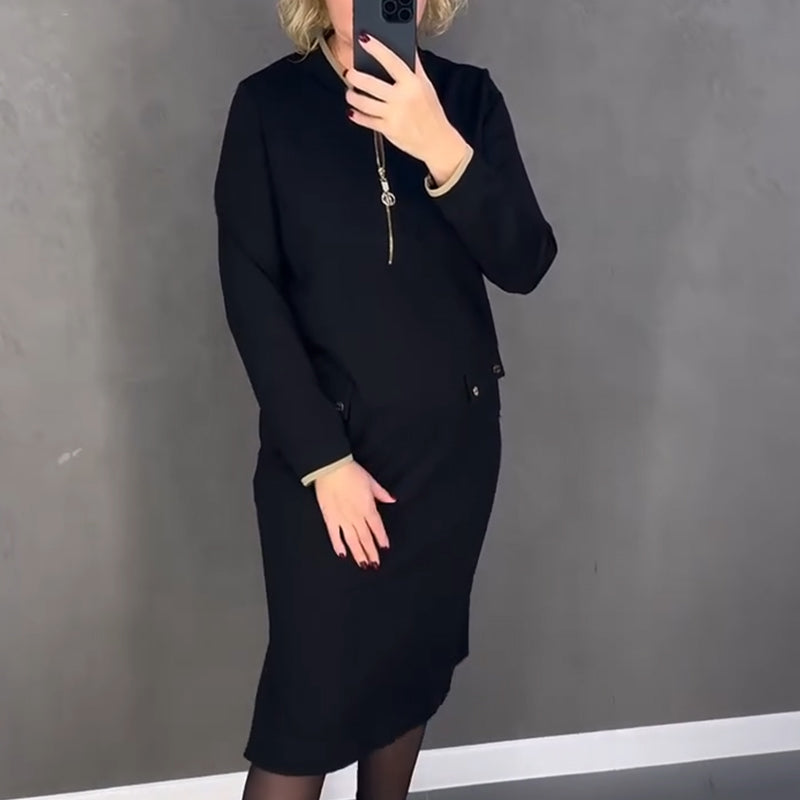 Ženska elegantna črna obleka z dolgimi rokavi in zadrgo