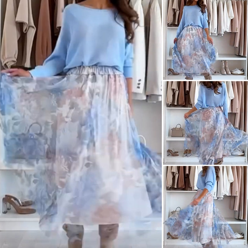 👗Niebieski dwuczęściowy komplet: niebieski top z kokardą na plecach i spódnica z tiulu