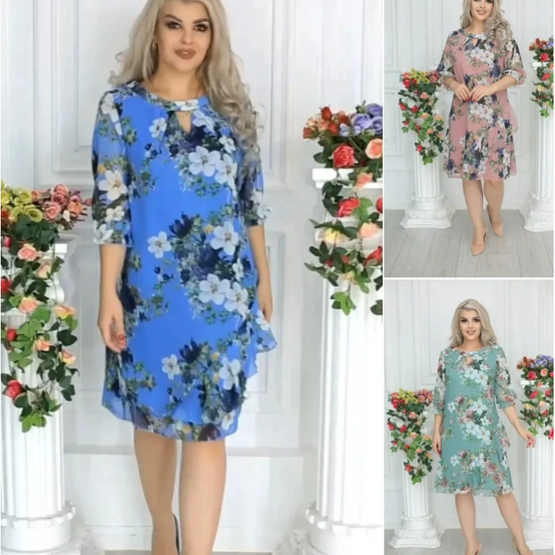 💝Damska sukienka do kolan z nadrukiem kwiatowym