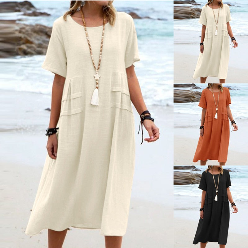 💖Sukienka z lnu bawełnianego z okrągłym dekoltem
