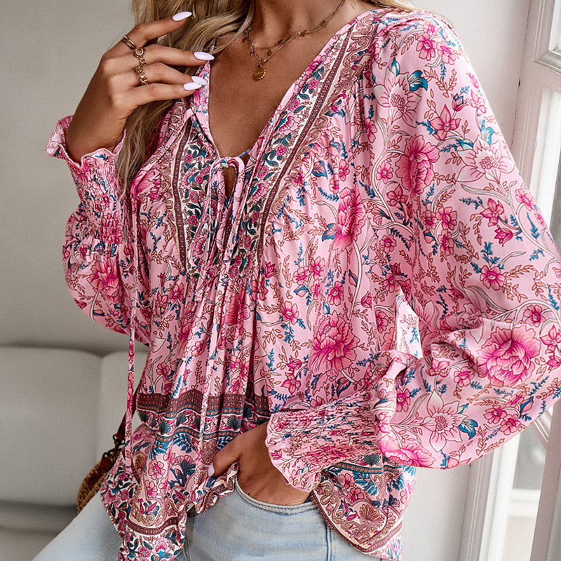 【S-2XL】🌺Damska modna koszula z długim rękawem i nadrukiem w serek