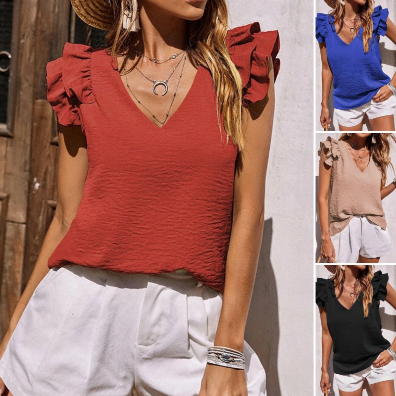 【S-2XL】👚Elastyczny top z falbanką bez rękawów z dekoltem w serek
