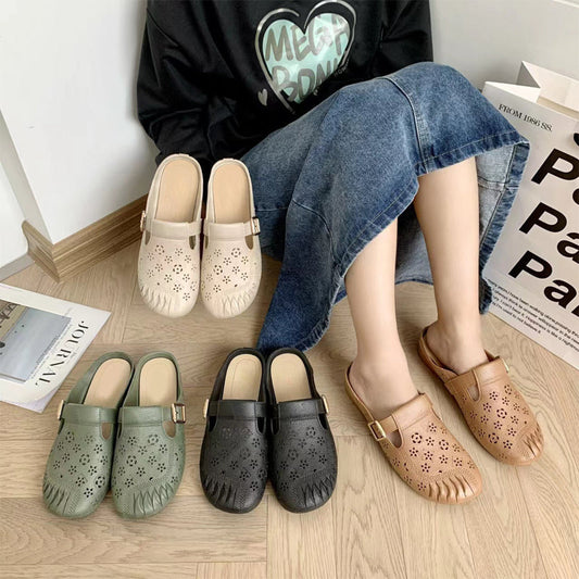 Дамски чехли с нисък ток и кухи резбовани цветя с кръгла глава