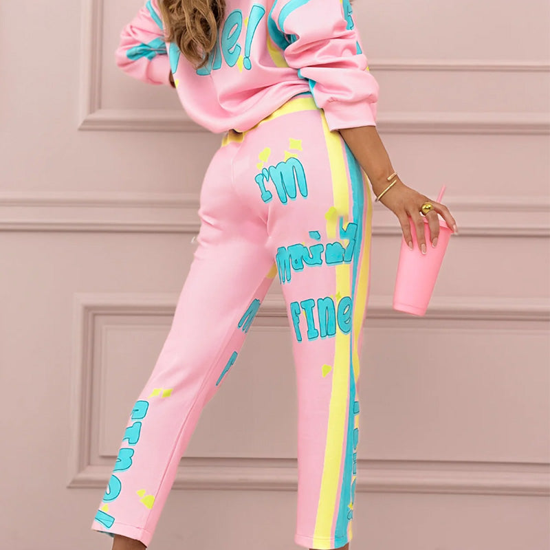 ✨Kolorowy damski komplet dresowy: bluza + joggery z nadrukiem