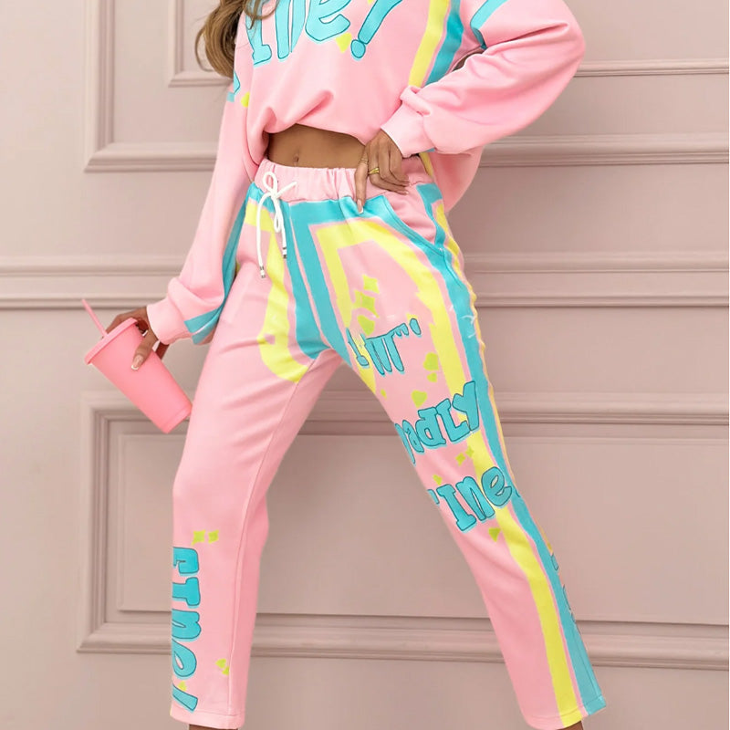 ✨Kolorowy damski komplet dresowy: bluza + joggery z nadrukiem