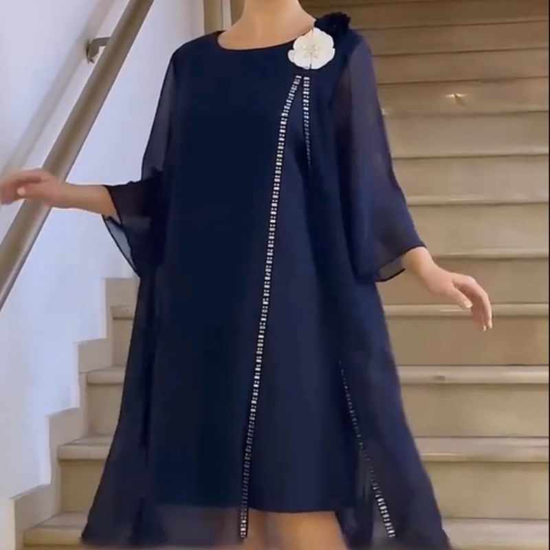 🌸✨【S-4XL】Siateczkowa sukienka damska z okrągłym dekoltem i kwiatowym akcentem